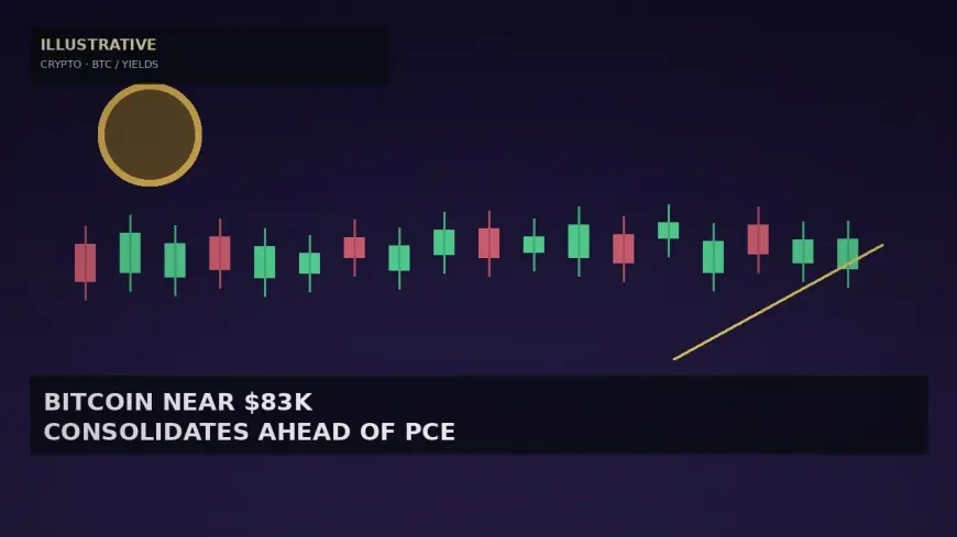 Illustrative consolidating candle chart, abstract coin disc, and rising yield line for Bitcoin near $83k — no Bitcoin trademark logo.