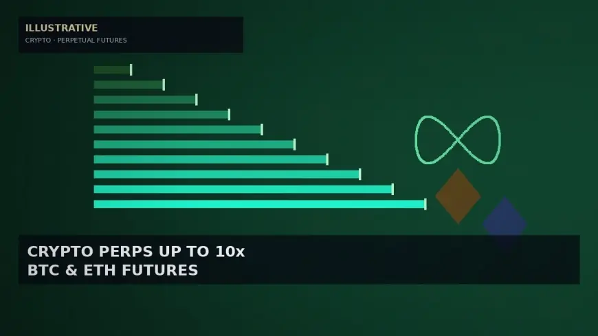 Illustrative leverage ladder to 10x with perpetual-loop orbit and hex tiles — not a Robinhood logo or app screenshot.